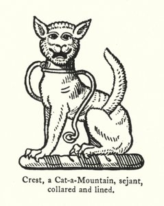 Cimier, un chat sauvage, assis, collier et ligne (gravure)