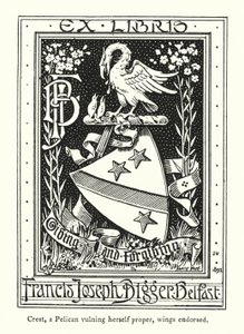 Cimier, un pélican se blessant, ailes soutenues (gravure) - English School