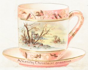 Tasse et soucoupe avec scène de neige, Carte de Noël