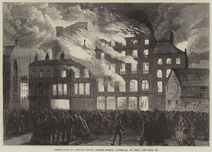 Destruction de Compton House, Church-Street, Liverpool, par le feu (gravure) - English School