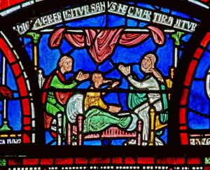 (détail) de la fenêtre du Miracle : histoire de Jordan Fitzeisulf
