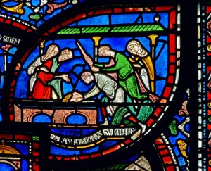 (détail) de la fenêtre du Miracle : histoire de Richard Sunieve