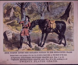 Dick Turpin avec son cheval Black Bess en route pour York (lithographie en couleur) - English School