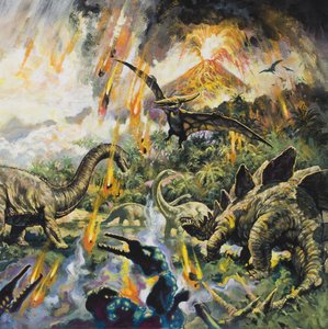 Dinosaures et volcans (gouache sur papier)