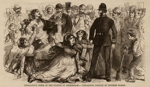 Scène honteuse dans les rues de Birmingham, conduite tapageuse de femmes ivres (gravure) - English School