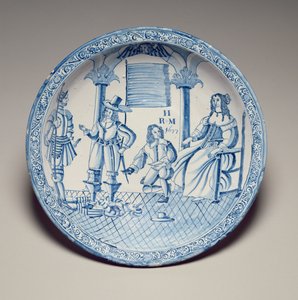 Plat avec la reine Catherine assise faisant ajuster une chaussure par un cavalier agenouillé, 1677