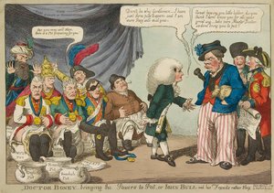 Docteur Boney amenant les puissances à Pot..., gravure colorée à la main de 1808