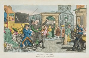 Le docteur Syntax volé à St. Giless, de La tournée du docteur Syntax à travers Londres, ou les plaisirs et misères de la métropole. Un poème, publié en 1820 - English School
