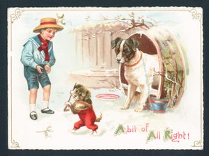 Chien, chiot et garçon jouant dans la neige, Carte de Noël