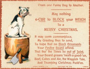 Chien assis sur une bûche, carte de Noël - English School