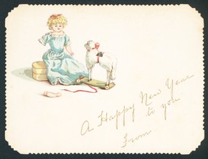 Poupée avec un bras cassé, carte de Nouvel An - English School