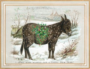 Âne portant du houx dans la neige, carte de Nouvel An - English School