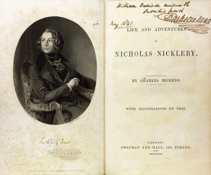 Double page avec un portrait de Dickens, et une dédicace de Dickens à William Harrison Ainsworth - English School