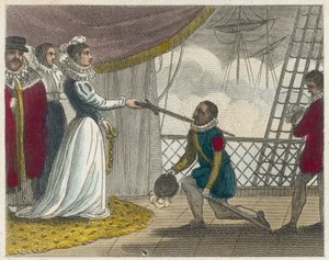 Drake adoubé à bord de son navire (gravure en couleur) - English School