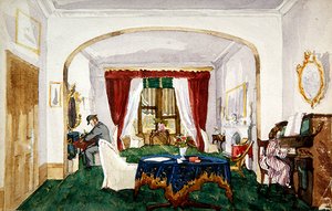 Intérieur de salon, femme au piano, homme avec chapeau melon écrivant, vers 1850