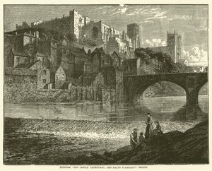 Durham, le château, la cathédrale et le pont de Ralph Flambard (gravure) - English School