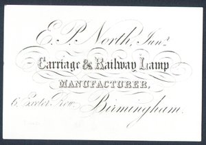 E P North, Junior, fabricant de lampes pour voitures et chemins de fer, carte de visite