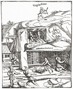 Représentation ancienne de la baguette de sourcier, montrant une figure avec une baguette de sourcier au-dessus du sol cherchant de l