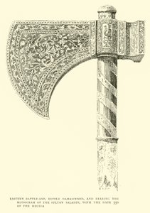 Hache de bataille orientale, richement damasquinée, portant le monogramme du sultan Saladin, avec la date 550 de l
