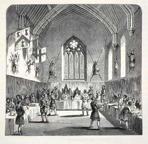 Édouard Ier et la reine Éléonore célébrant Noël au château de Conway, publié au 19ème siècle (gravure sur acier) - English School