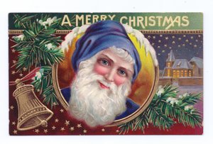 Carte postale de Noël édouardienne représentant le Père Noël avec du gui et une cloche, vers 1910 (lithographie couleur) - English School