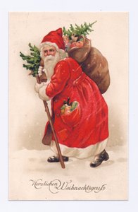 Carte postale édouardienne du Père Noël portant un sapin de Noël et un sac de jouets en bandoulière, vers 1910 (lithographie couleur)