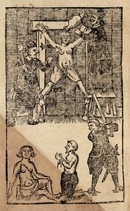 Colons néerlandais à Amboyna torturant un marchand anglais avant le massacre de 1623 (gravure sur bois)