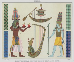 Égyptien, costume égyptien ancien, bateau à voile et harpe