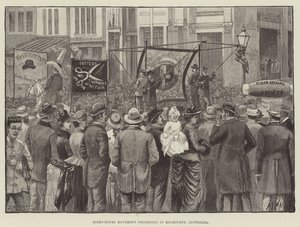 Procession du mouvement des huit heures à Melbourne, Australie (gravure) - English School