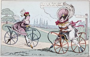 Caricature anglaise sur les chevaux de bois en 1819 (premiers vélos) - dans « Le cyclisme théorique et pratique » par Baudry de Saulnier - English School
