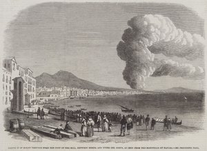 Éruption du mont Vésuve près du pied de la colline, entre Resina et Torre del Greco, vue de la Marinella à Naples (gravure) - English School