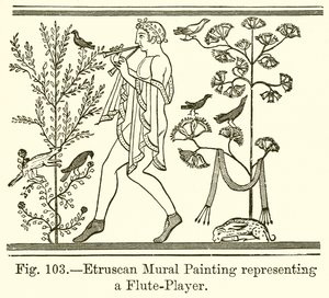 Peinture murale étrusque représentant un joueur de flûte - English School