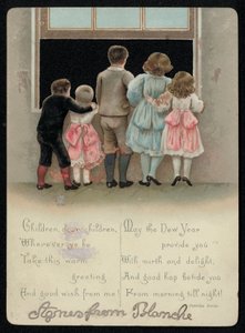 Enfants excités regardant par la fenêtre, carte de vœux du Nouvel An