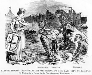 Le Père Thames Présentant sa Progéniture à la Belle Ville de Londres, la progéniture étant la Diphtérie, la Scrofule et le Choléra. Plus un égout à ciel ouvert qu