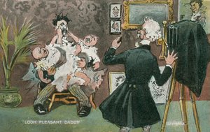 Père posant pour une photographie avec deux bébés hurlant sur ses genoux (lithographie couleur) - English School