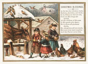 Nourrir les animaux dans la neige, carte de Noël