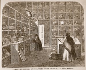 Magasin de vêtements des prisonnières à la prison de Tothill Fields, illustration de The Criminal Prisons of London and Scenes from Prison Life par Henry Mayhew et John Binny, pub. 1862