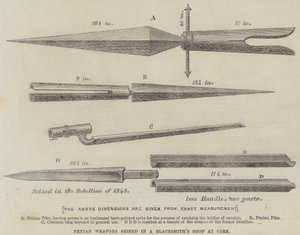 Armes féniennes saisies dans une forge à Cork (gravure) - English School