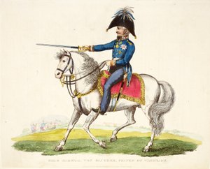 Maréchal de camp von Blücher, Prince de Wagstadt, publié par Richard Evans, gravé par Romney, illustration de An Historical Account of the Battle of Waterloo par William Mudford, 1816