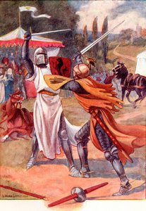 Chevaliers combattants en armure. Illustration en couleur du livre The Gateway to Tennyson publié en 1910. - English School