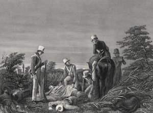 Retrouver les couleurs du 24e régiment après la bataille de Chillianwallah, vers 1850 (gravure) - English School