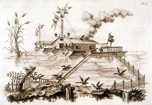 Pêche aux cormorans utilisant un bateau à eau et une enceinte clôturée, illustration de 