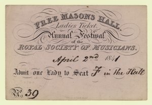 Salle des francs-maçons, billet pour dames, festival annuel, Société royale des musiciens, 2 avril 1841