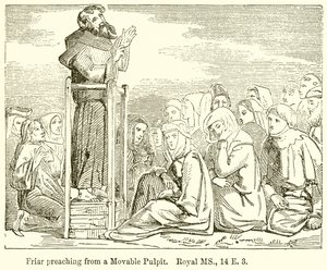 Frère prêchant depuis une chaire mobile. Manuscrit royal, 14 E. 3
