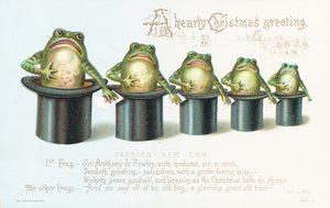 Grenouilles portant des chapeaux haut-de-forme, carte de Noël