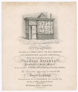 Façade du n° 3, Sweetings Alley, Cornhill, propriété récente de Samuel Knights, marchand d