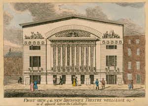 Vues de face du nouveau Théâtre de Brunswick, Wellclose Square, Londres, avant la catastrophe