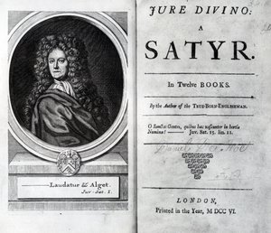 Frontispice et page de titre pour Jure Divino : Une satire par Daniel Defoe, publié en 1706