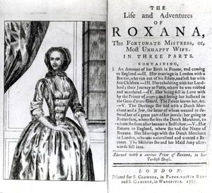 Frontispice et page de titre pour La Vie et les Aventures de Roxana par Daniel Defoe, publié en 1765