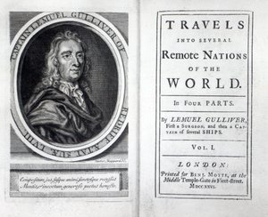 Frontispice et page de titre de Les Voyages de Gulliver de Jonathan Swift, 1726